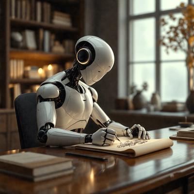 Primary subject: Robot
Setting/background: Office
Visual style: Digital art
Colors and mood: White and gray
